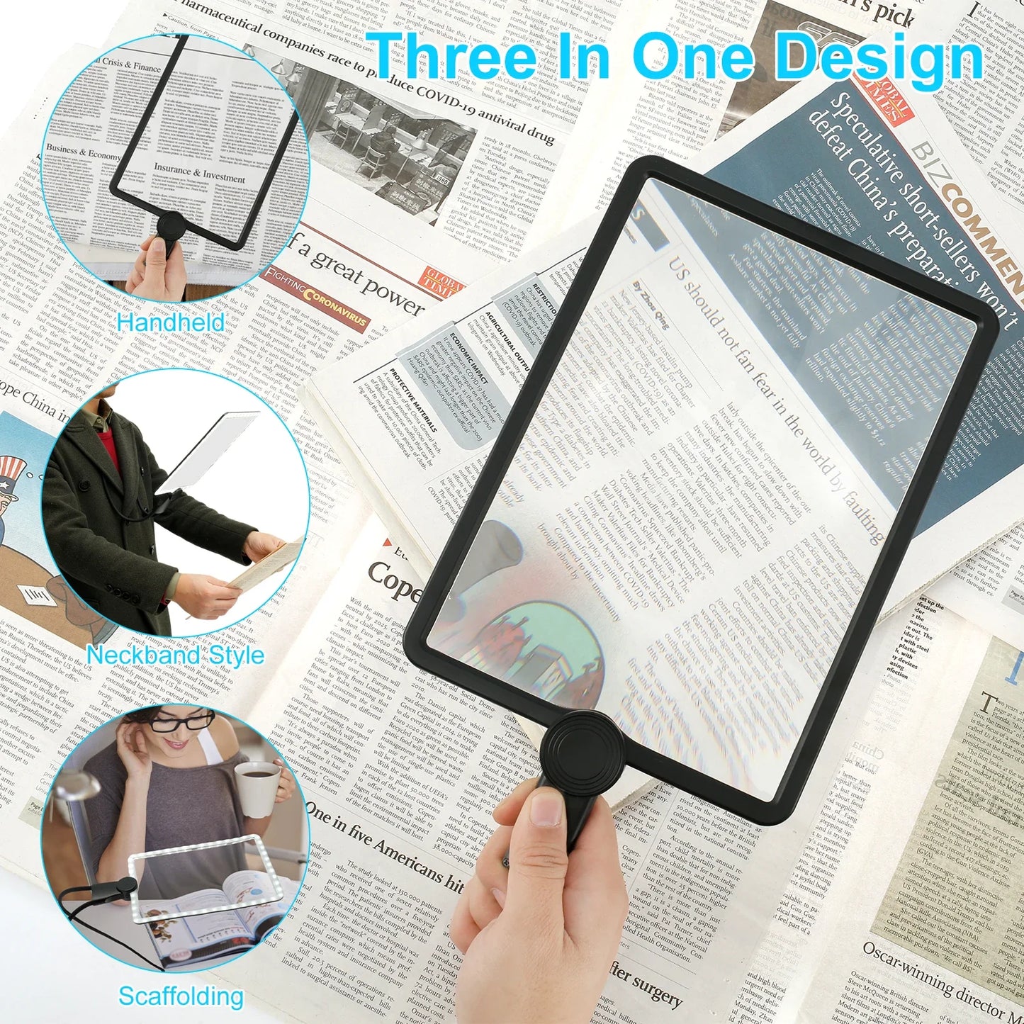 5X Hands-Free Neck Magnifier with LED Light — 9.4×6.5 in (240×170 mm) Large Reading Lens, Dimmable & Rechargeable, 3-in-1 Neck/Handheld/Stand