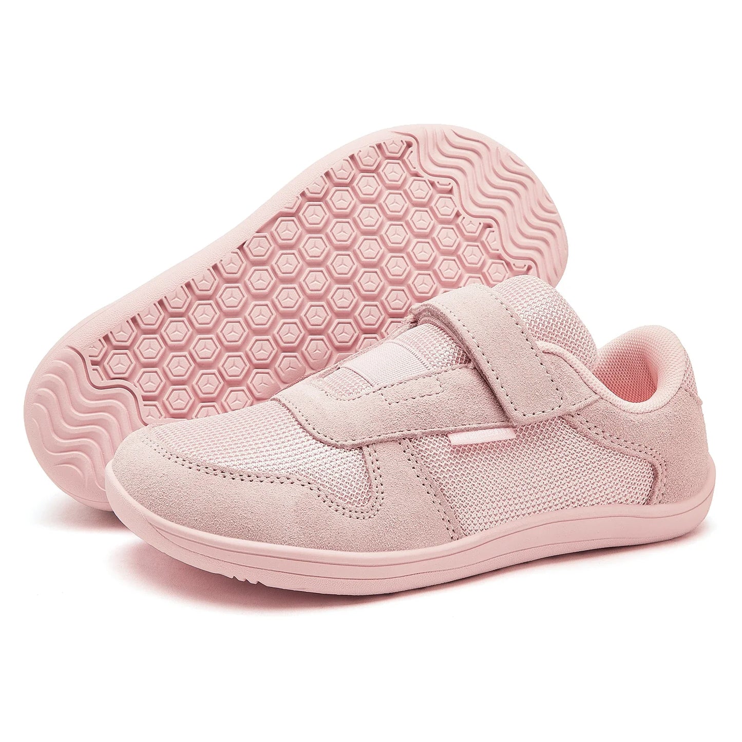 Kids Wide-Toe Barefoot Sneakers — Lightweight Hook & Loop Mesh with Faux Leather Toe
