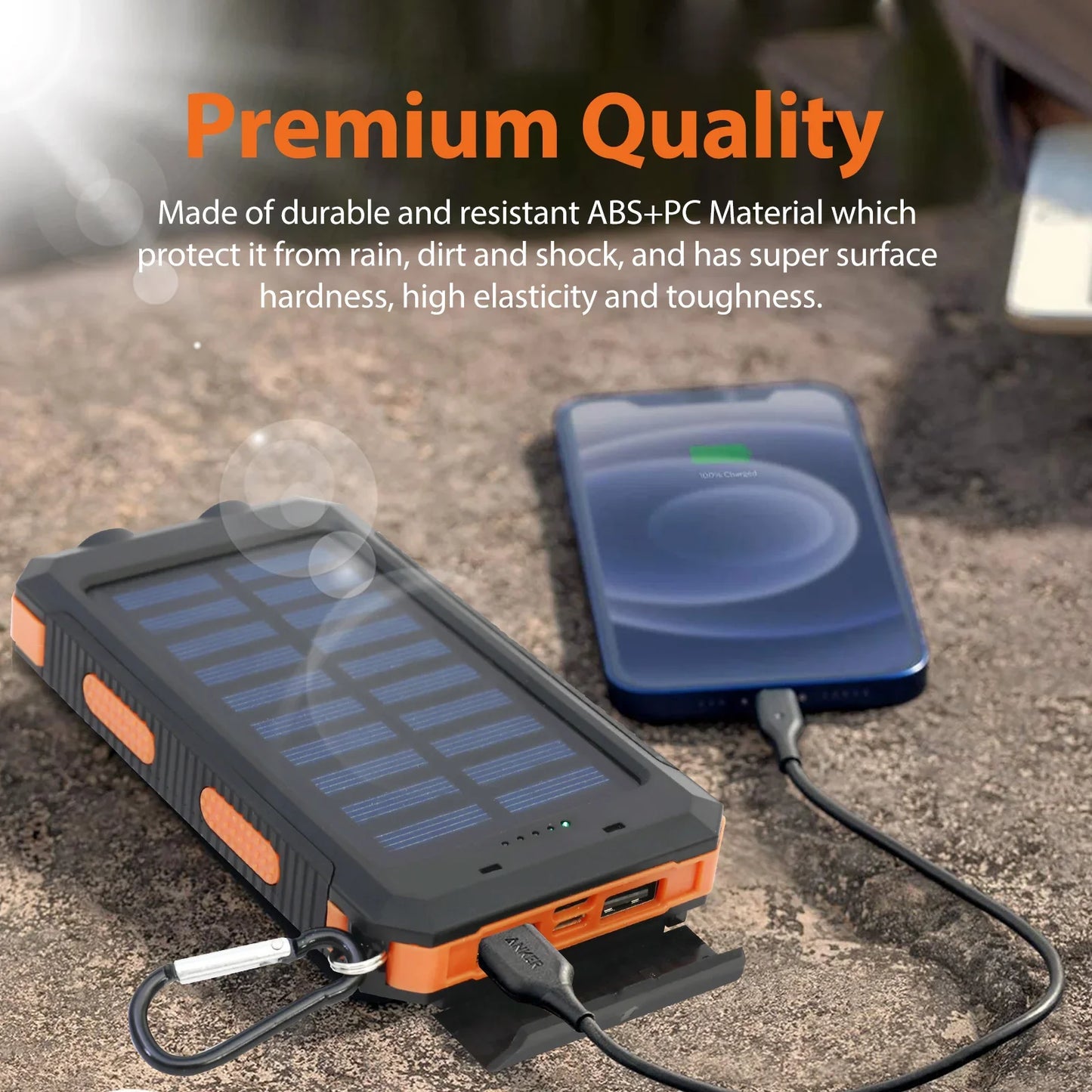 20000mAh Solar Power Bank - Portable Solar Charger with Dual USB, USB-C Input, Built-in Cables & LED Flashlight