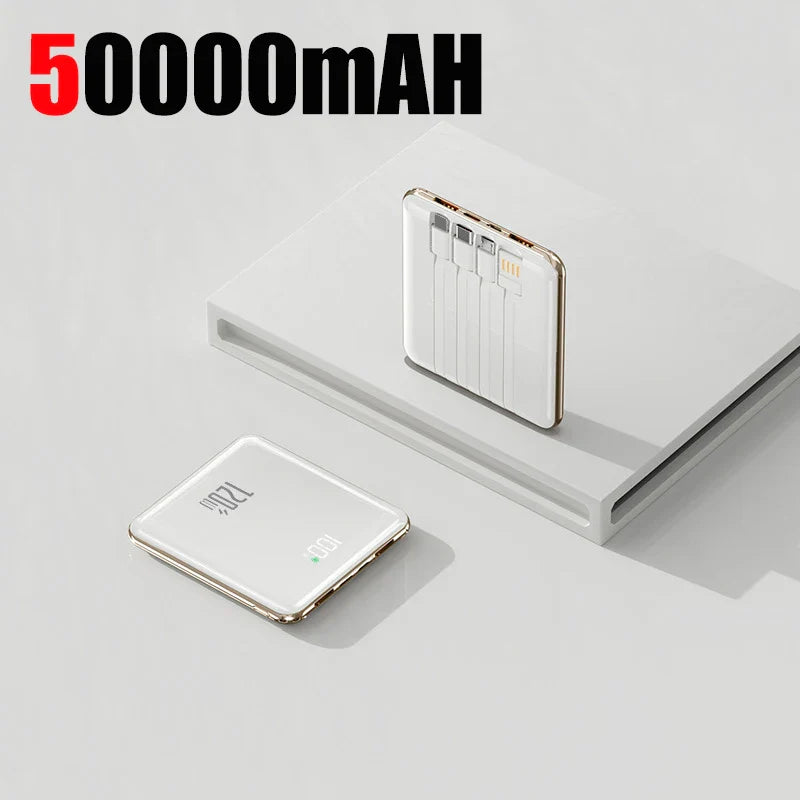50000mAh Mini Power Bank - Large Capacity Fast Charging Portable Charger with 4 Built-In Cables (USB-C, Lightning, Micro USB) for Smartphones