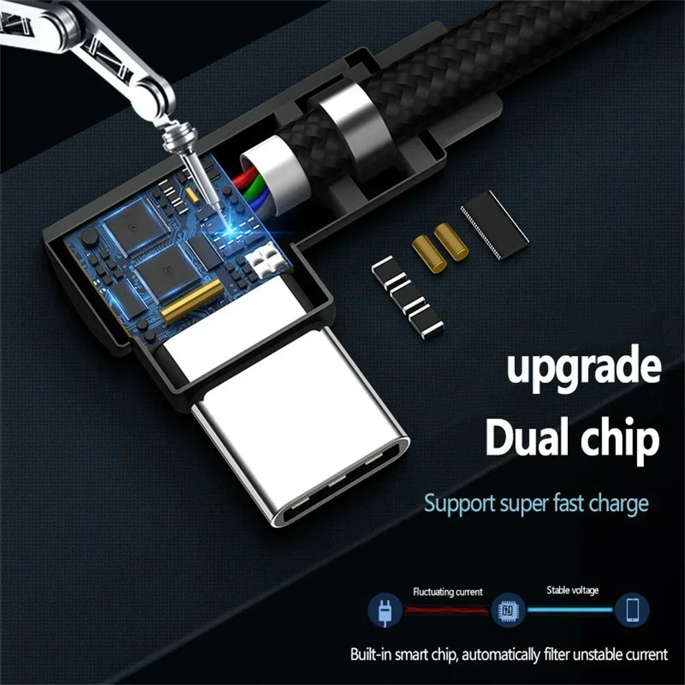 40W 5A USB-A to USB-C Fast Charging Braided Cable 90 Degree Elbow PD Quick Charge for iPhone Samsung Xiaomi Huawei