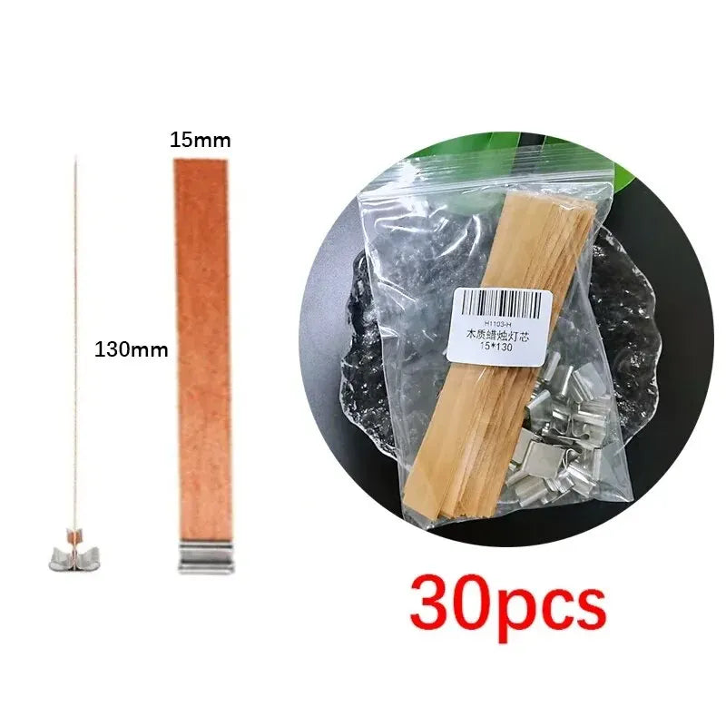 30-Pack Premium Wooden Candle Wicks with Metal Clip Bases for Candle Making – Paraffin & Beeswax Smokeless Wicks