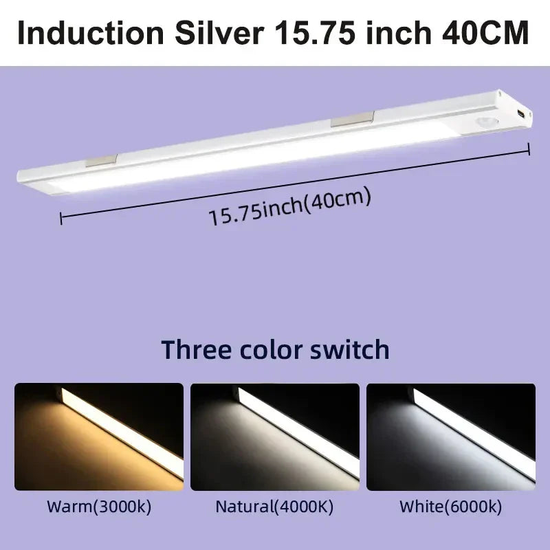 LED Motion Sensor Cabinet Light 15.7 in (40 cm) Dimmable Rechargeable Wireless Night Lamp for Kitchen Closet Wardrobe Living Room 3 Color Temperatures
