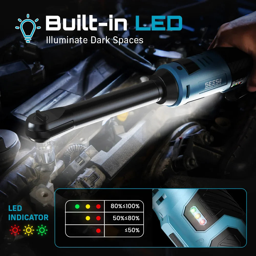 6 in (152 mm) Extended Cordless Electric Ratchet Wrench 3/8 in (9.5 mm) Drive 12V 55 Nm Variable Speed LED with 2×2000mAh Batteries