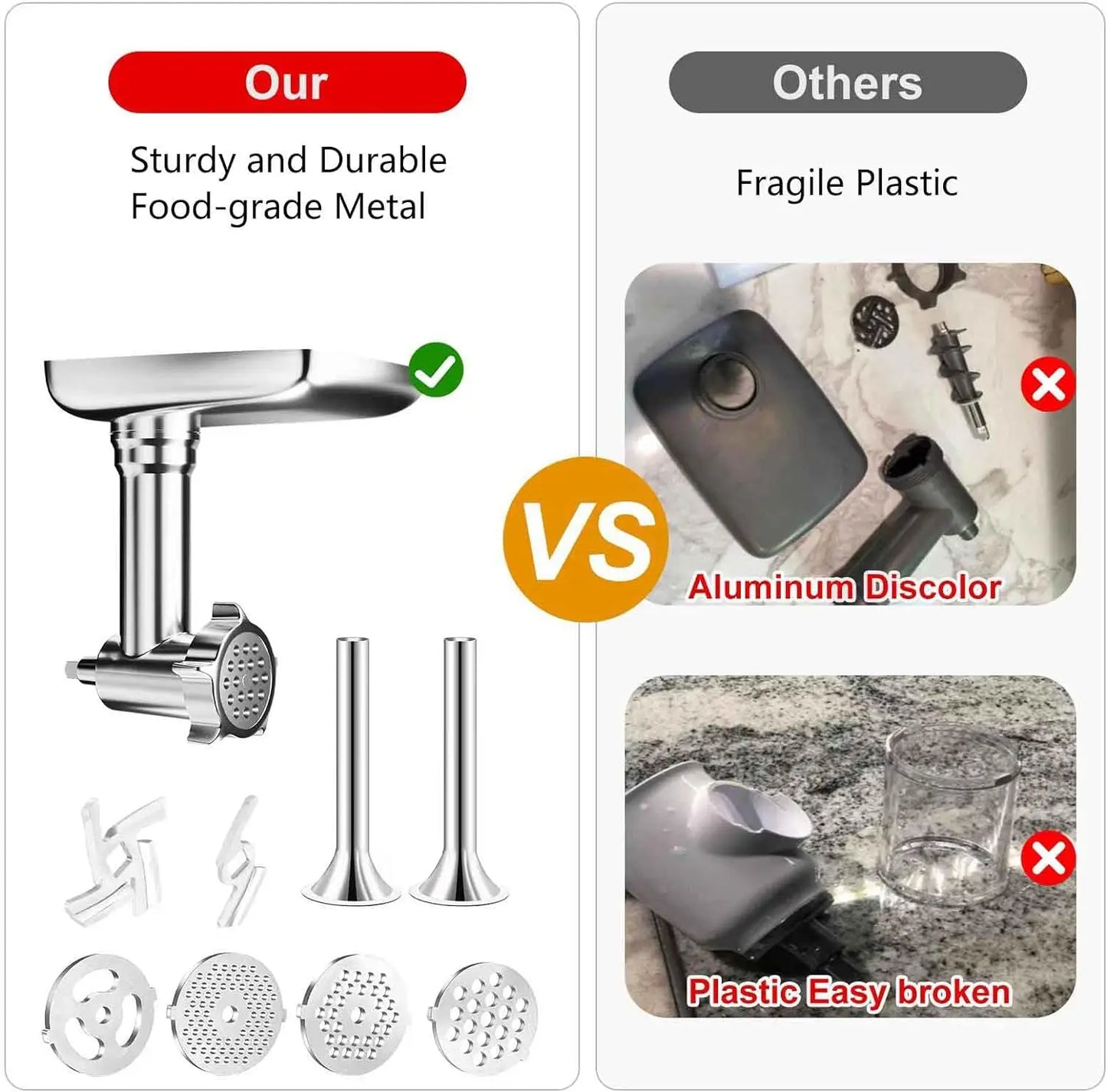 Metal Meat Grinder & Sausage Stuffer Attachment for Stand Mixers – Aluminum Alloy Food Grinder Kit with 4 Grinding Plates