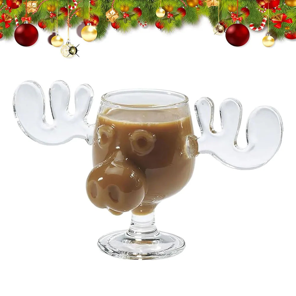 Christmas Moose Glass Mug 8oz (240ml) Reindeer Head Holiday Drinkware 1/2/3-Pack