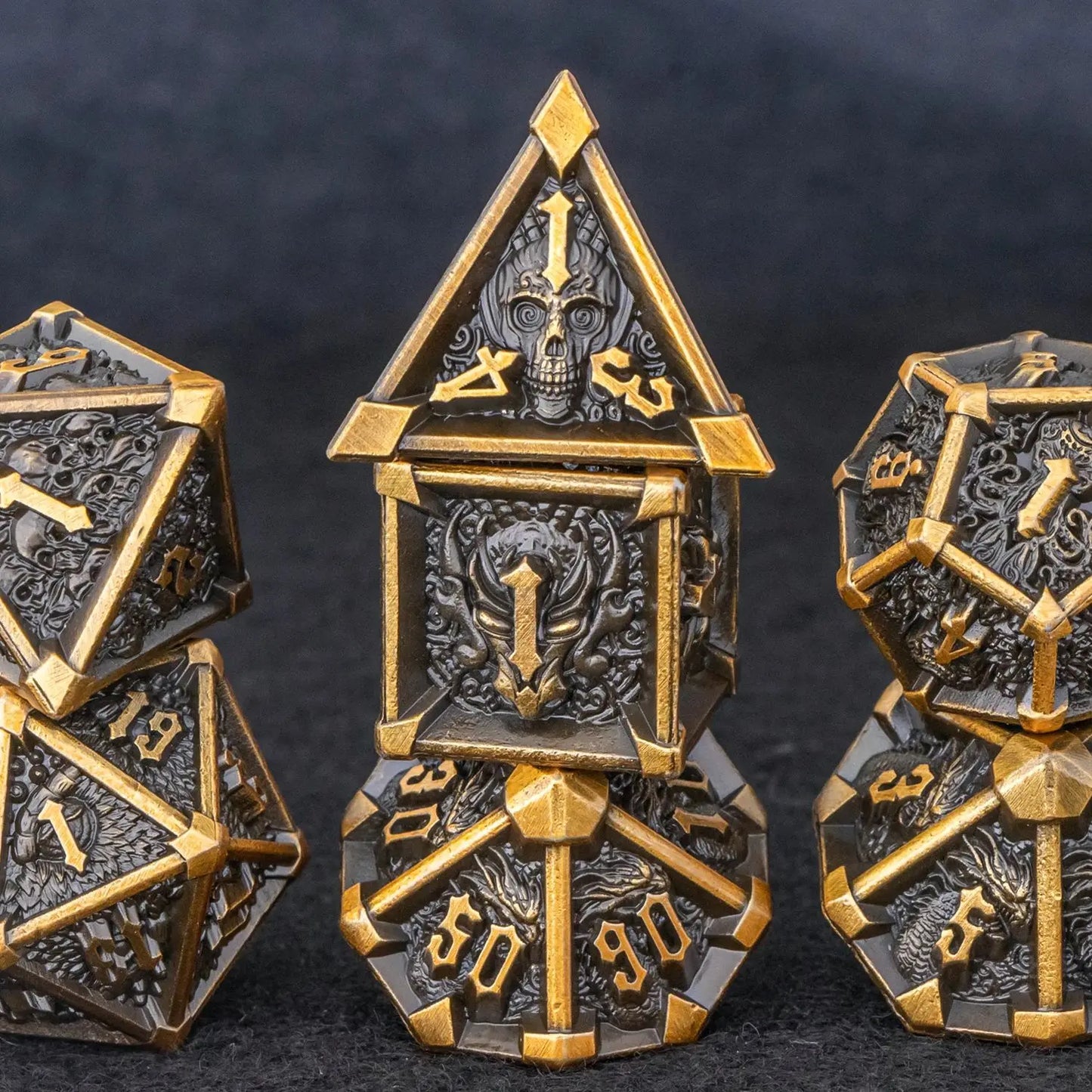 Skull and Dragon Metal Dice Set - 7-Piece Polyhedral DnD Dice for Dungeons & Dragons Tabletop RPG