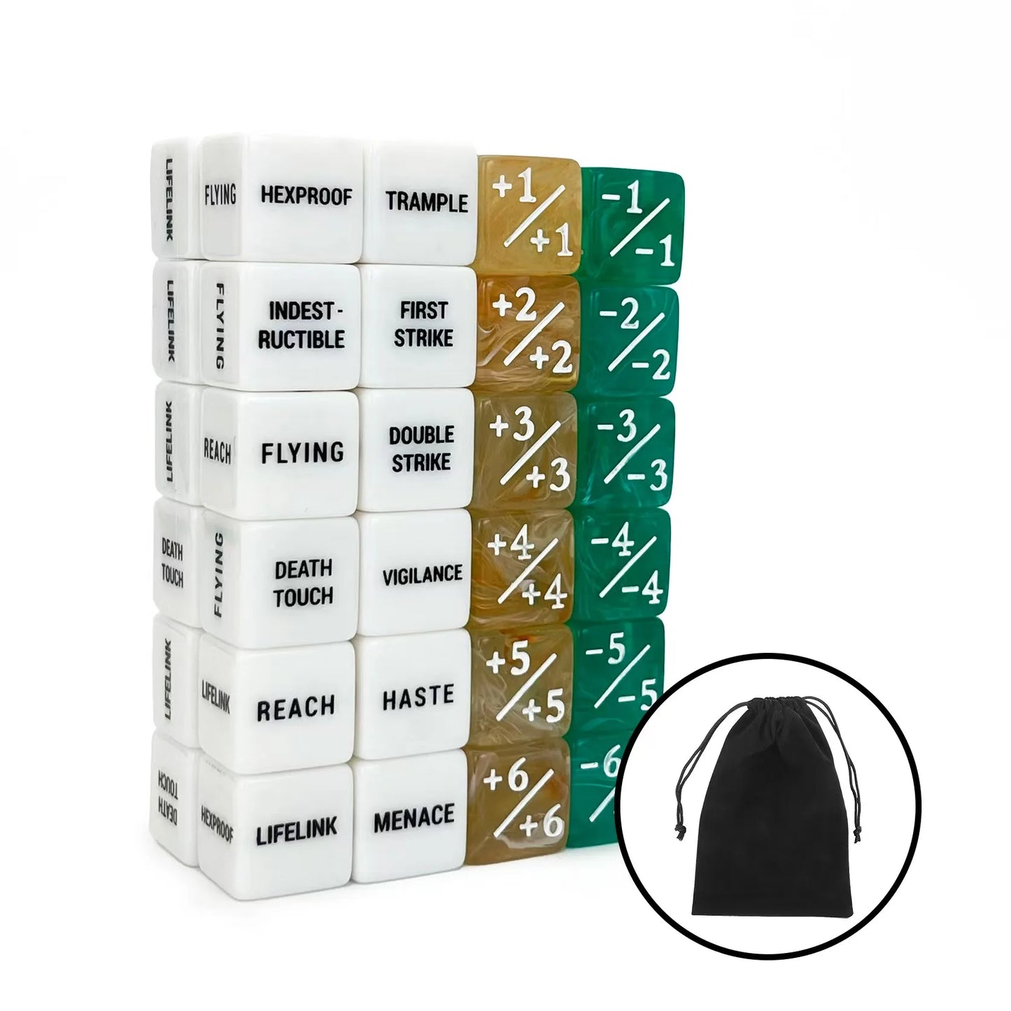 48-Pack Keyword Ability Counters & Buff Dice for TCG Card Games, 16mm (0.63in) Colorful D6 Creature Stat Tokens with Velvet Bag