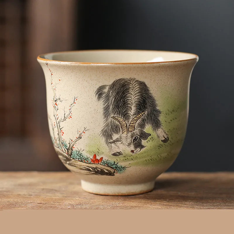 Handmade Zodiac Ceramic Teacup 110ml (3.7 fl oz) Vintage Pottery Tea Bowl for Meditation & Gongfu Tea