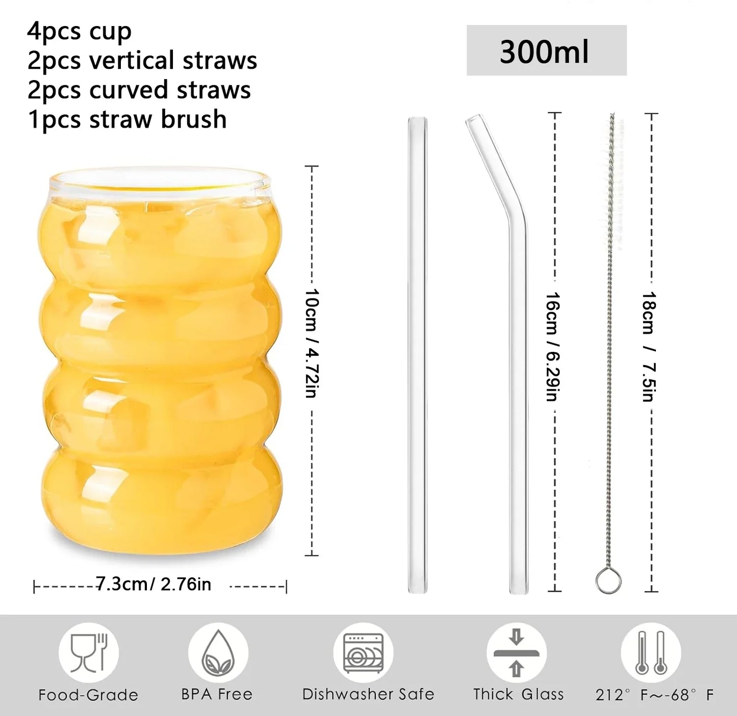 4-Piece Ribbed Borosilicate Glass Cups with Straws – Clear Drinkware Set for Coffee, Cocktails & Juice