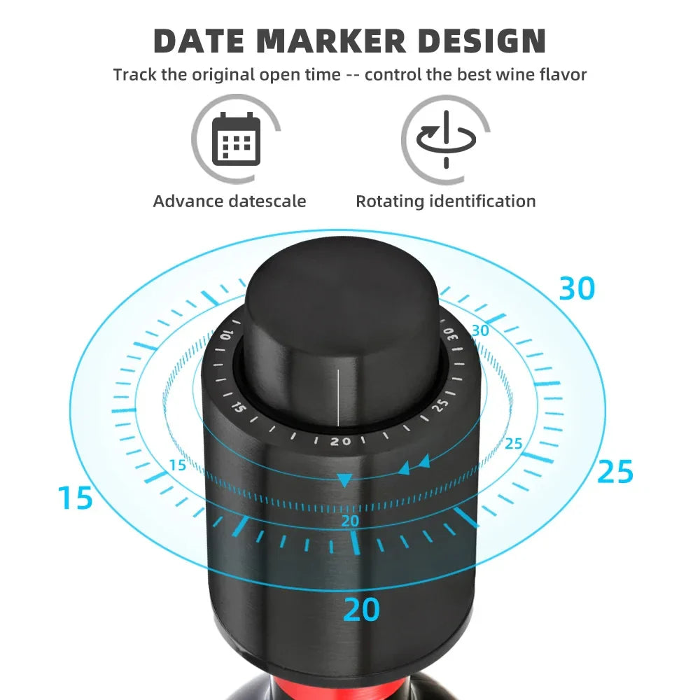 Vacuum Wine Bottle Stopper Pump — 1 or 2-Pack Push-Style Vacuum Seal with Date Marker, Reusable Wine Preserver (Black)