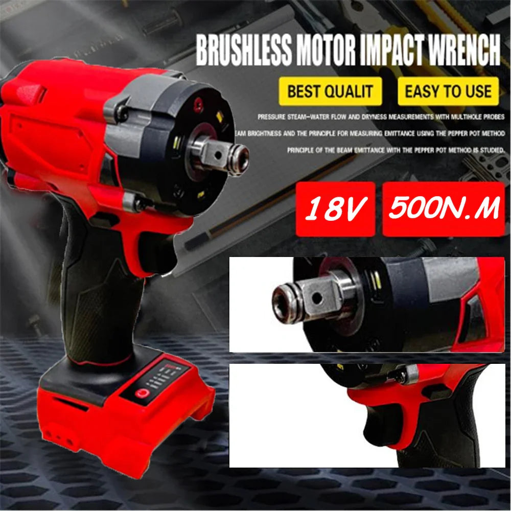 Brushless 1/2" (12.7 mm) Impact Wrench, 500 N·m (369 ft·lb) Cordless Electric Driver, 4-Gear, 18V Battery Compatible