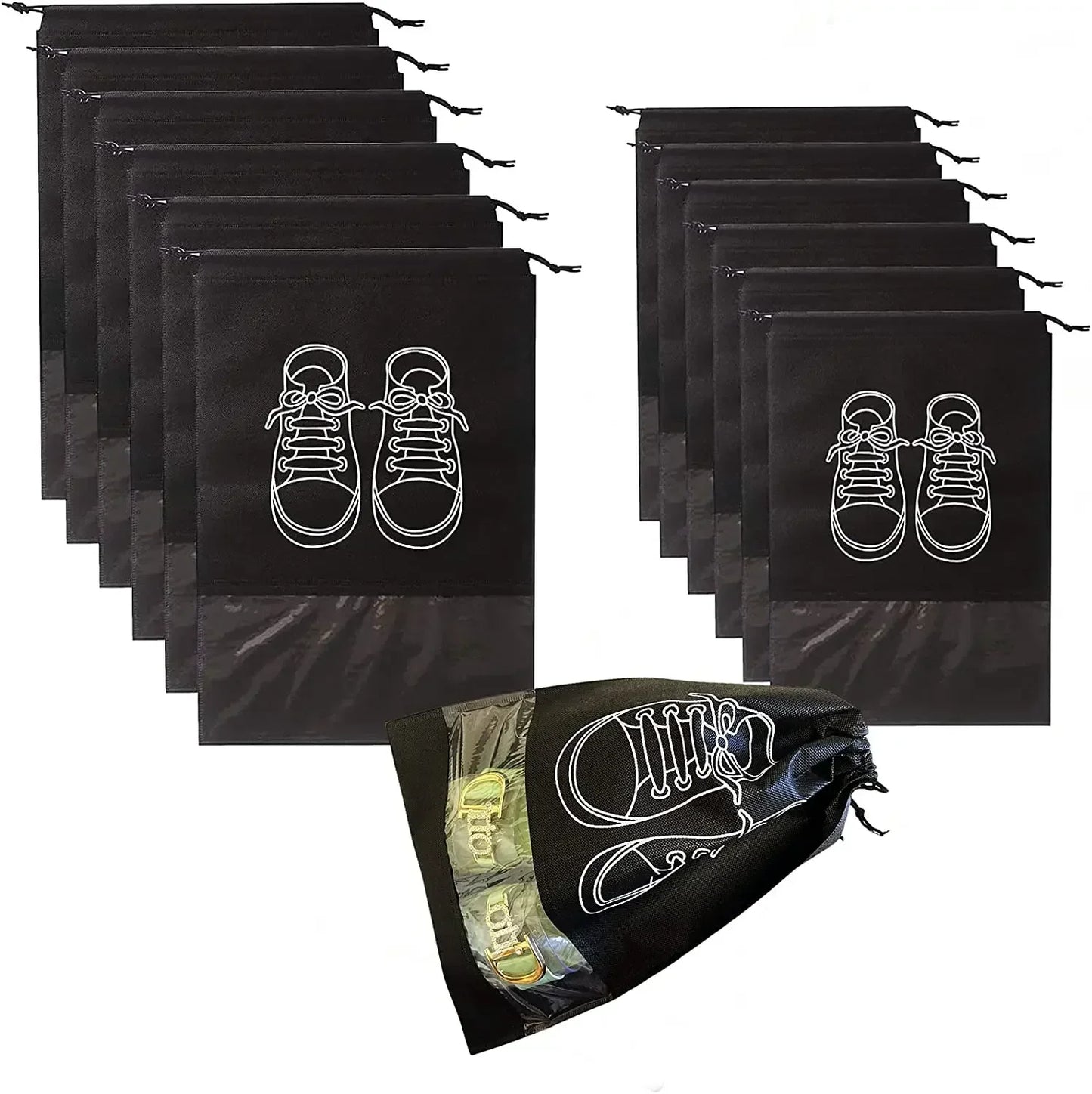 5/10-Pack Non-Woven Drawstring Shoe Bags — Dust-Proof Travel Shoe Storage Organizer (36×27 cm / 14.2×10.6 in; 44×32 cm / 17.3×12.6 in)