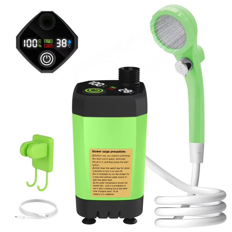 Portable 6000mAh Camping Shower Pump - Rechargeable RV Outdoor Shower Kit with Digital Display