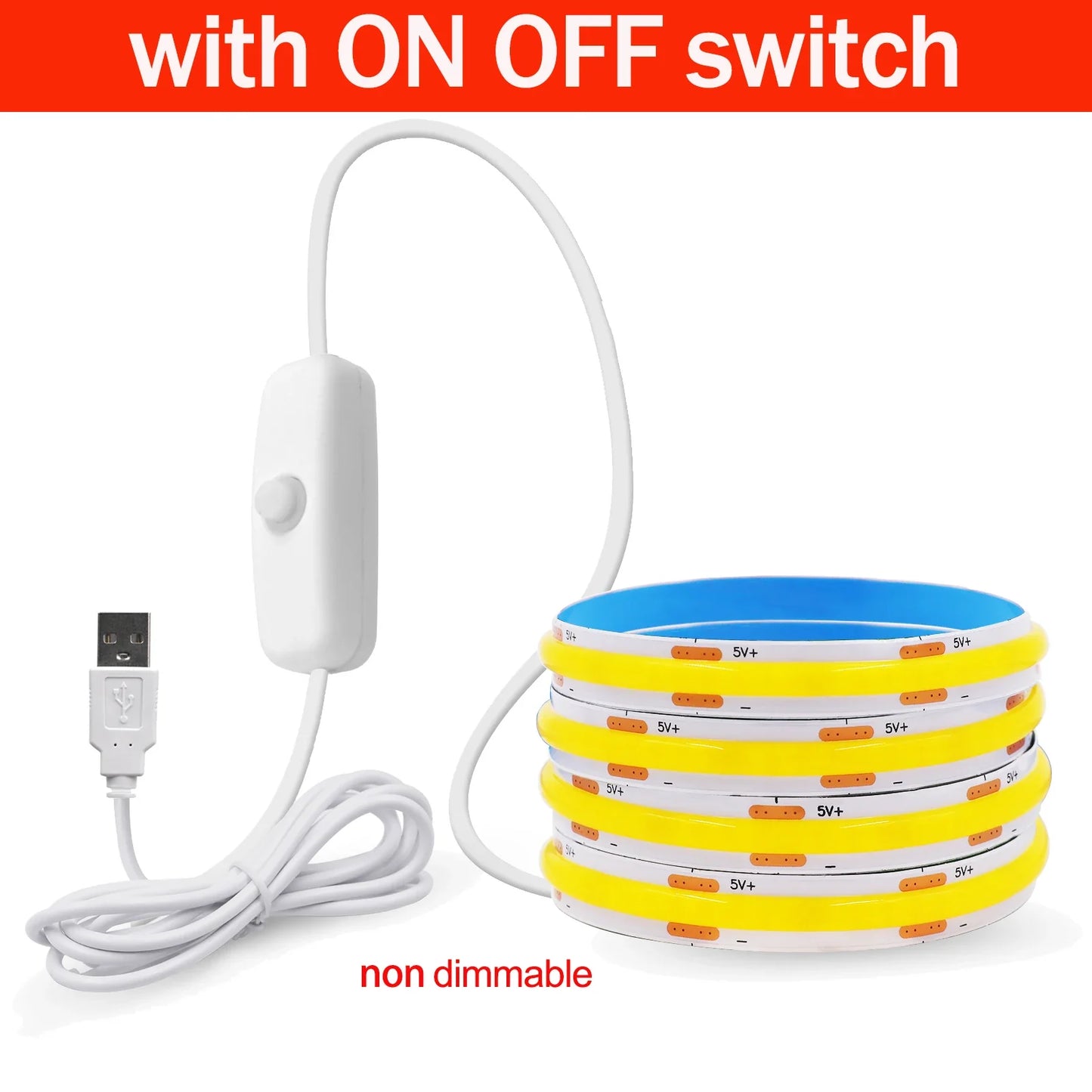 Dimmable COB LED Strip Light 5V USB with ON/OFF Switch — 320 LEDs/m High-Density Flexible Tape Light, Adhesive Backing, 3000K/4000K/6000K