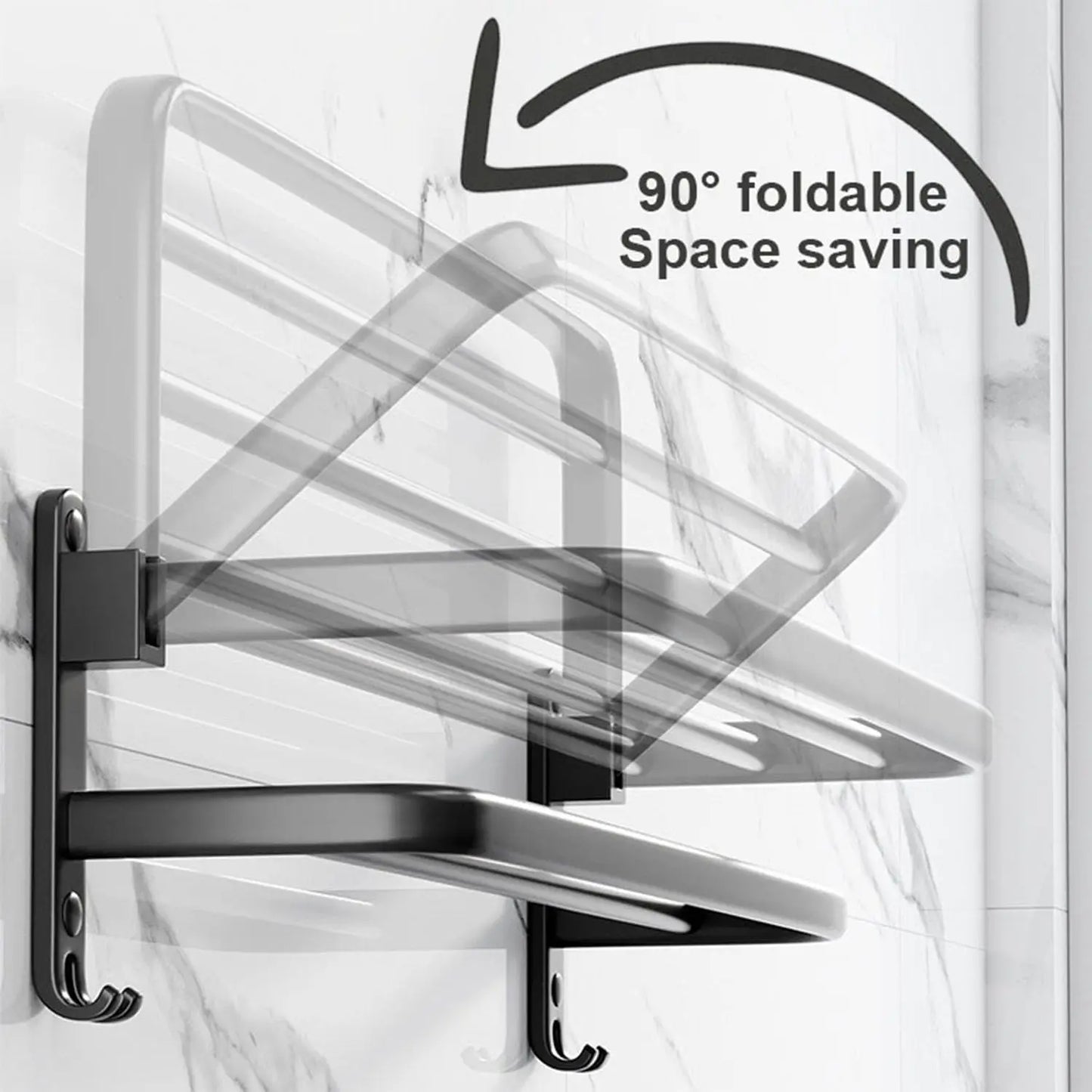 50 cm (19.7 in) Matte Black Folding Wall-Mount Aluminum Towel Rack with Hook, Double Bar