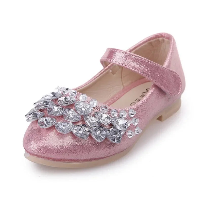 Girls Crystal Princess Flats – Shiny PU Leather Party & Wedding Shoes for Kids, EU Sizes 26-36 (Gold Pink Silver)