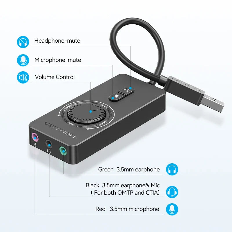 USB External Sound Card - USB to 3.5mm Audio Adapter with Volume Control, Mic & Headphone Splitter, 16-bit 48KHz