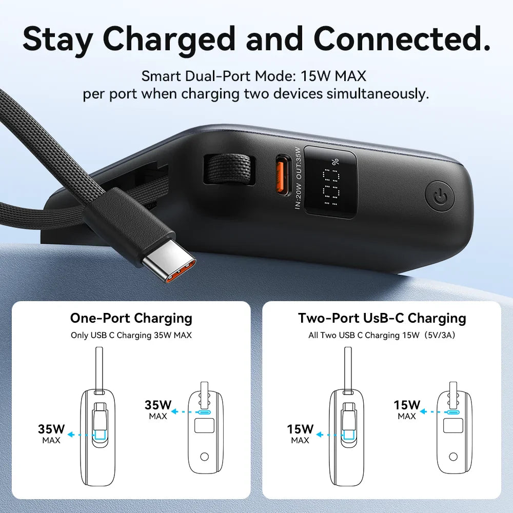35W 10000mAh Mini Power Bank PD Fast Charge with Built-in USB-C Cable, LED Display, Dual-Port Portable Charger