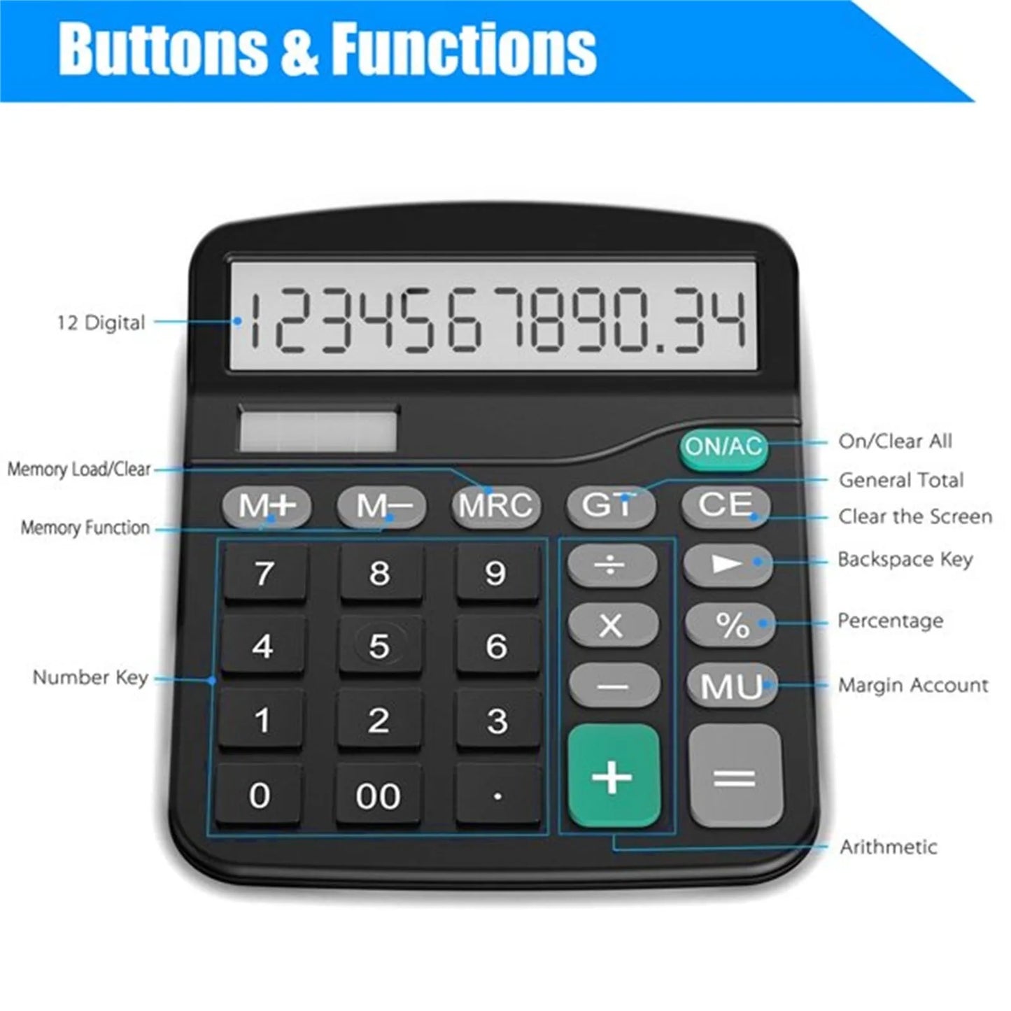 12-Digit Solar and Battery Dual Power Portable Desktop Calculator for Home Office School Accounting