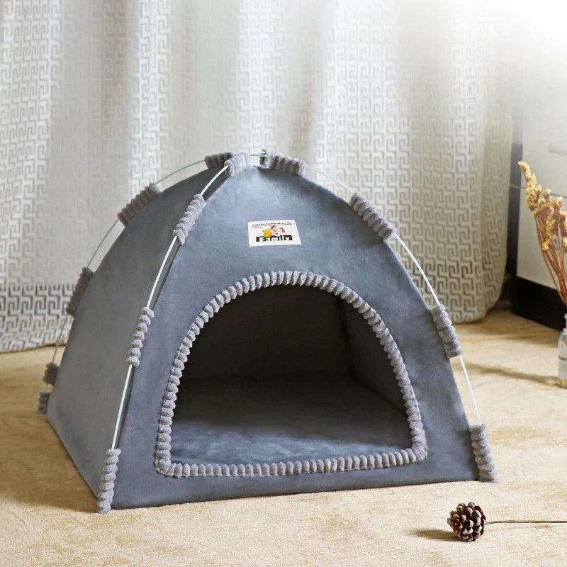 Foldable Cat & Small Dog Tent Bed — Portable Breathable Plush Pet House with Summer Cooling Mat
