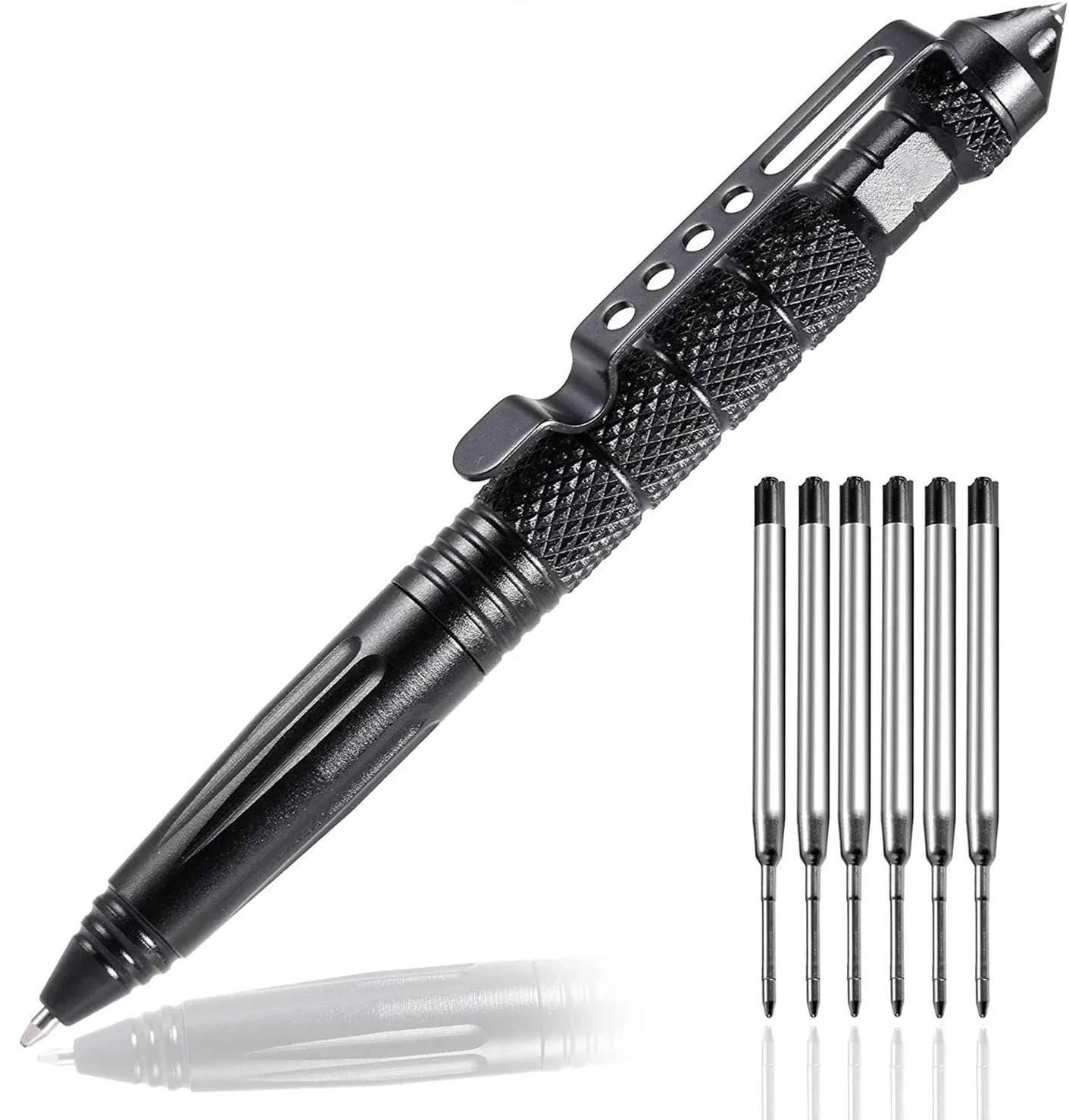 Tactical Self-Defense Pen — Emergency Glass Breaker with Tungsten Steel Tip, Aviation Aluminum Body, Includes 6 Refills