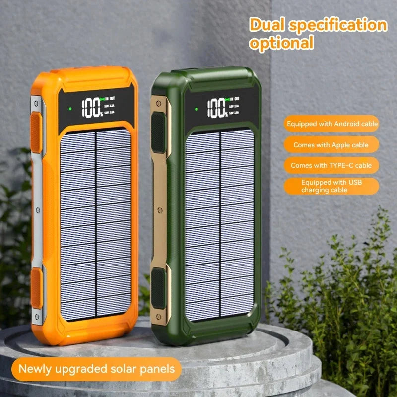 200000mAh Solar Power Bank — 4-in-1 Built-in Cables, Fast Charge, Digital Display & LED Emergency Light