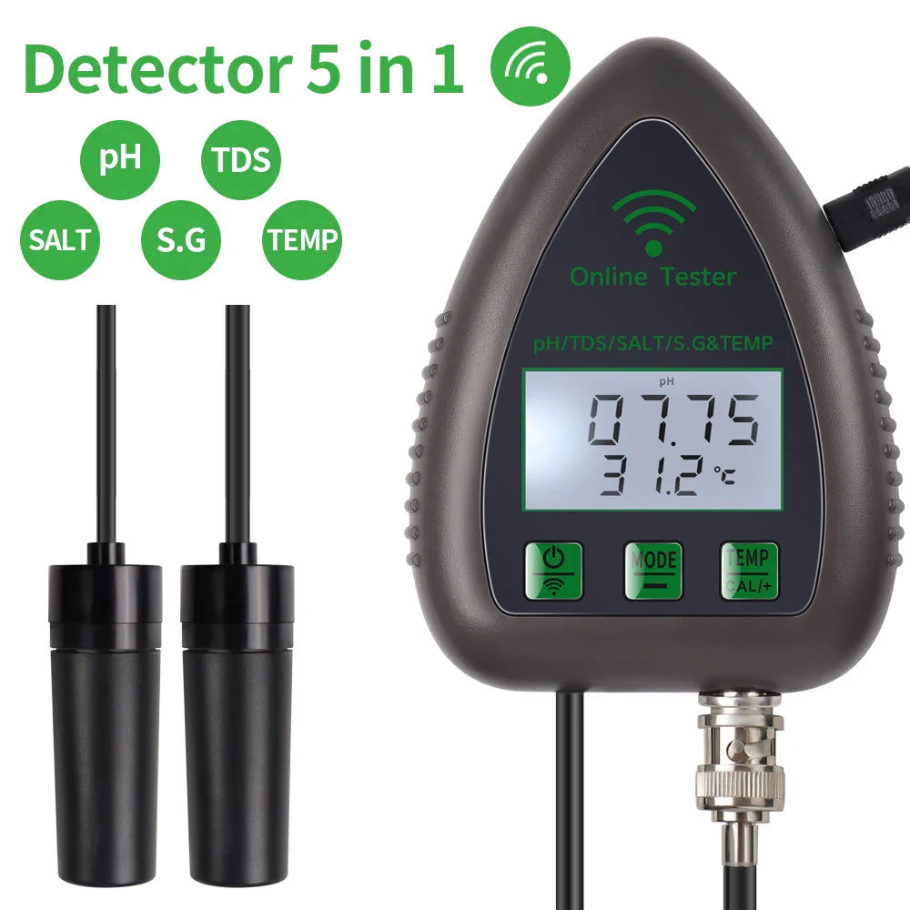 5-in-1 WiFi & Bluetooth Water Quality Monitor — pH, TDS/EC, Salinity, Specific Gravity & Temp for Aquariums, Hydroponics & Aquaculture