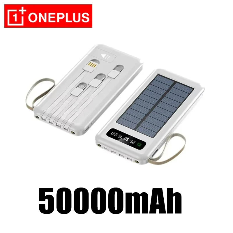 Solar Power Bank 50000mAh 120W Fast Charging Portable Power Bank with Solar Panel, 4 Built-In Cables, Dual USB & Phone Stand