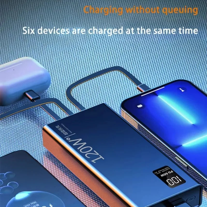 120W 50000mAh 4-in-1 Fast Charging Power Bank with Built-in Cables – Portable Charger for Smartphones & Tablets