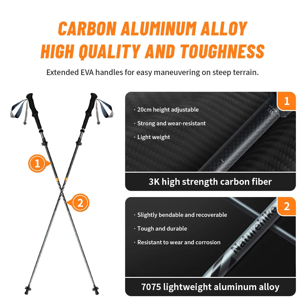 Ultralight Carbon Fiber 5-Section Folding Trekking Poles, Collapsible Quick-Lock Hiking Poles Adjustable 103–120 cm (40.6–47.2 in) or 115–135 cm (45.3–53.2 in)