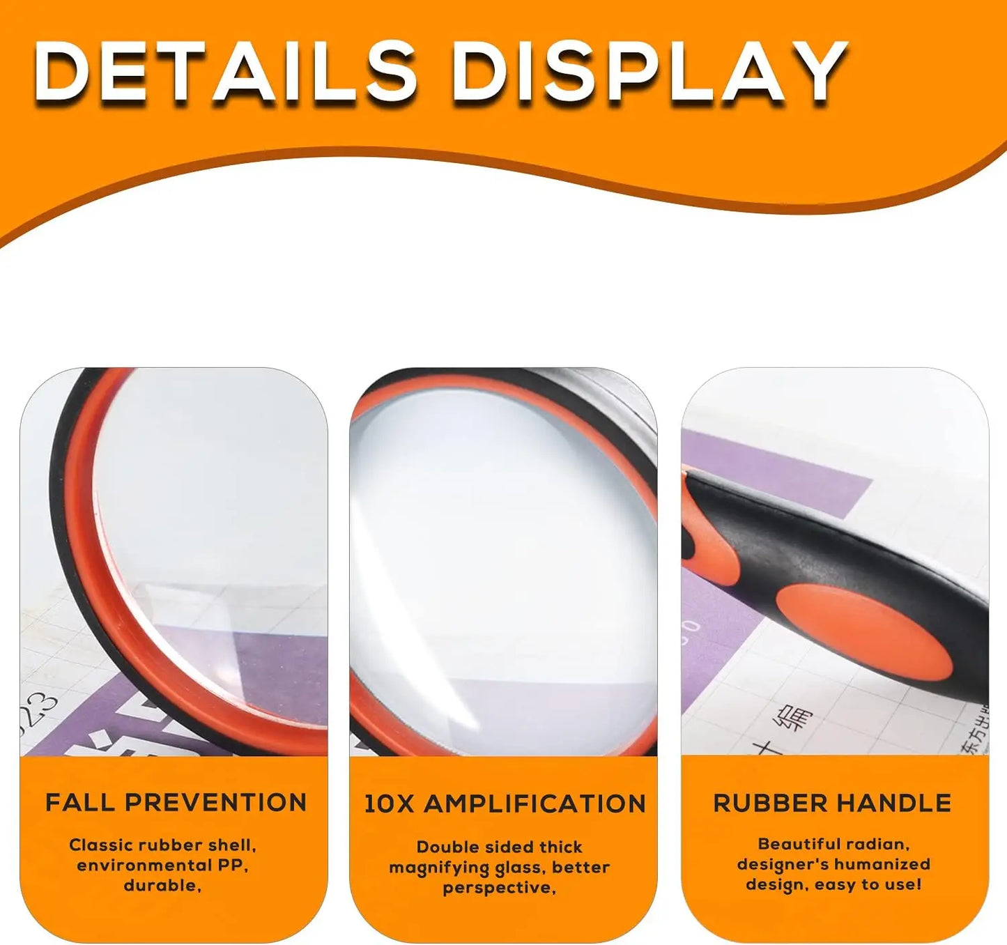 Handheld 10X Magnifying Glass for Kids & Seniors — Non-Slip Shatterproof Lens, 50/65/75/100 mm (1.97/2.56/2.95/3.94 in)