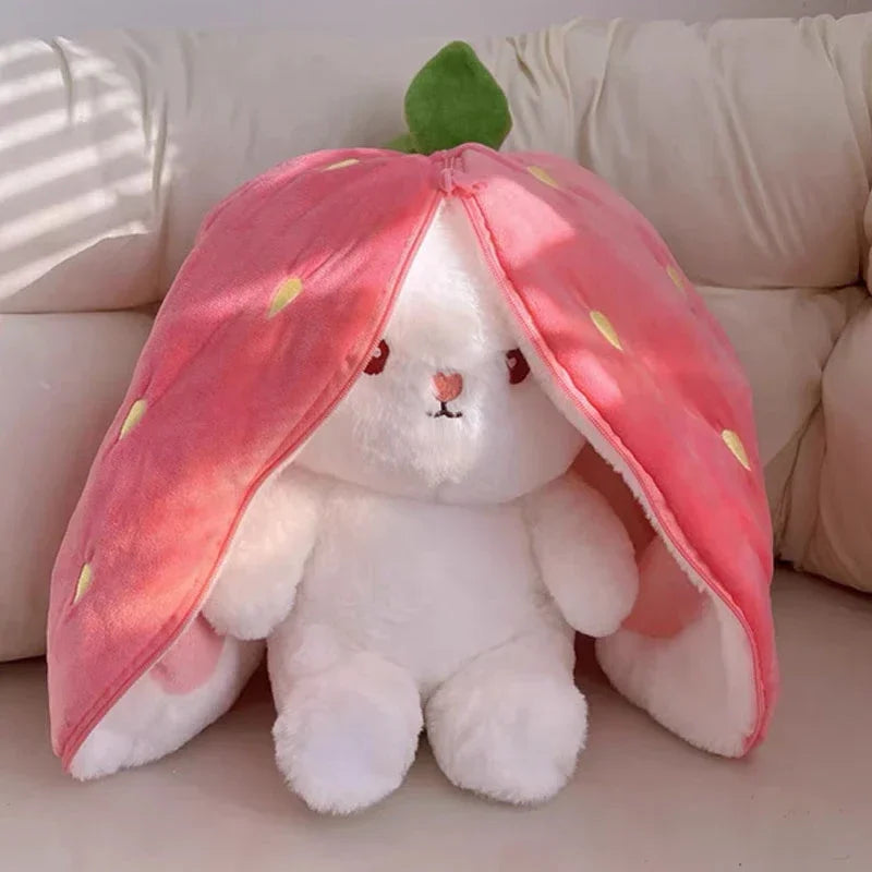 25 cm (9.8 in) Strawberry Carrot Rabbit Plush Toy - Transforming Fruit Bunny Stuffed Animal for Kids Birthday Gift
