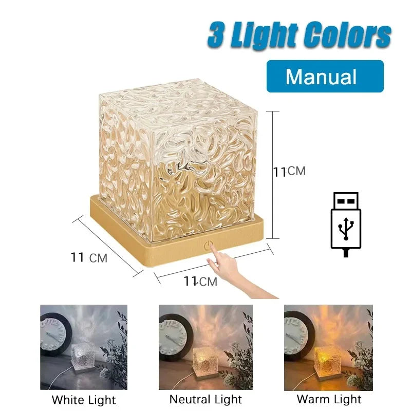 3- or 16-Color Rotating Water Ripple Projector Night Light with Remote USB Crystal Flame Lamp for Bedroom Living Room Study