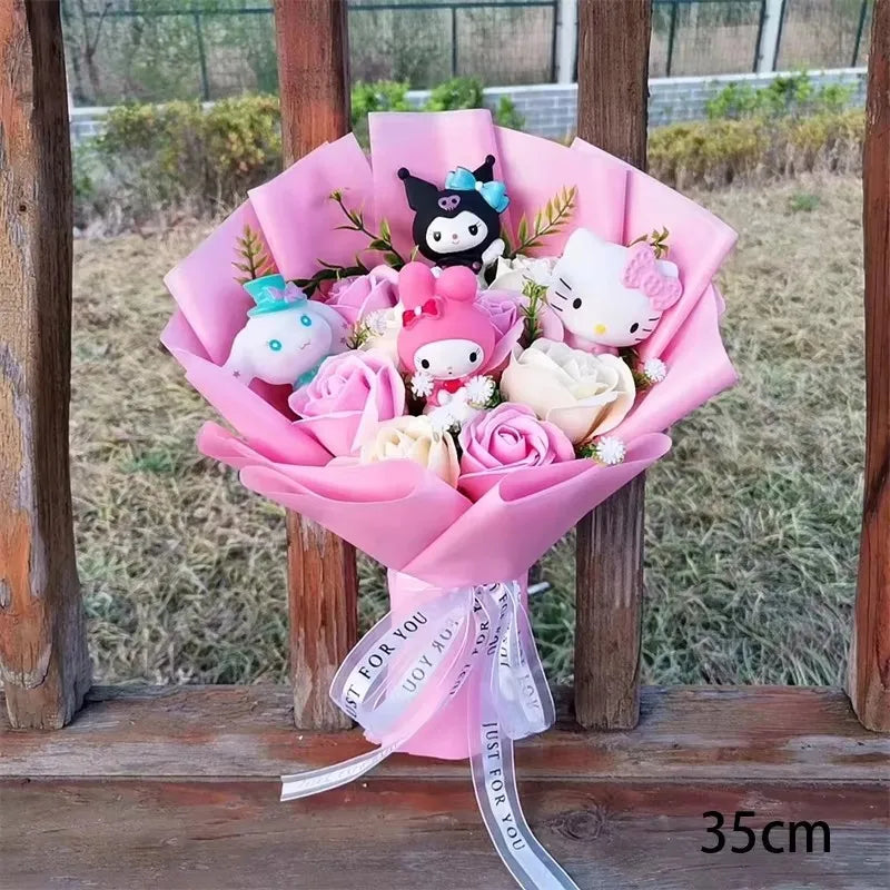 Kawaii Cat Plush Bouquet with Soap Rose Flowers — Cute Valentine's Day, Birthday & Graduation Gift