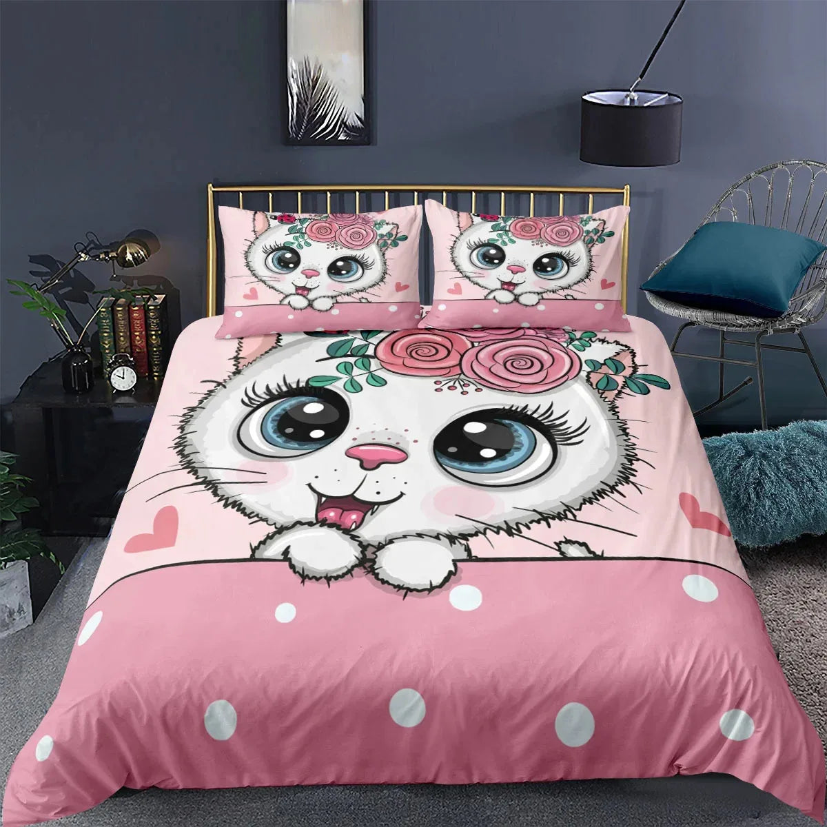 3-Piece Cute Cat Duvet Cover Set - Single-Sided Printed Cartoon Comforter Cover with Pillowcases
