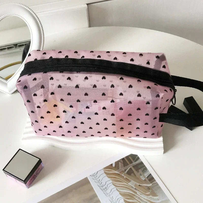 Heart-Shaped Mesh Cosmetic Bag - Zipper Toiletry Makeup Pouch for Women, Coin & Lipstick Organizer