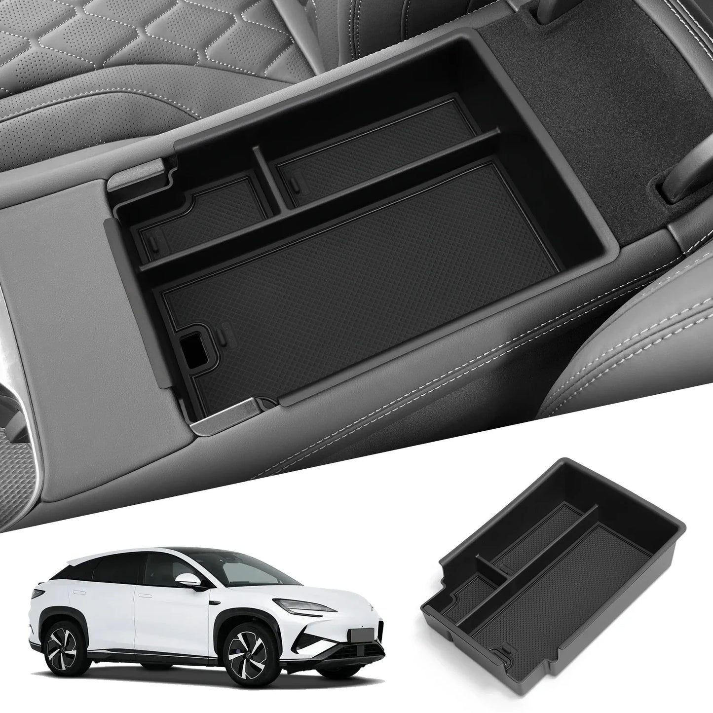 Center Console Storage Tray with Silicone Anti-Slip Pad, Armrest Cup Organizer, Black