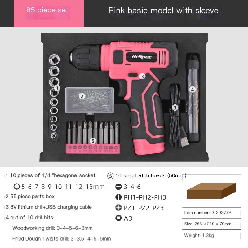 133-Piece Pink Power Tool Set with 8V Lithium Cordless Drill, Magnetic Precision Bits & 3-Tier Toolbox