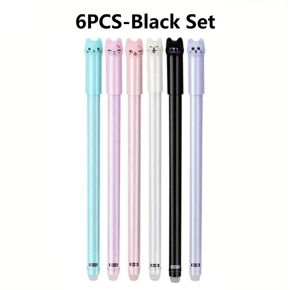 4/6/12-Pack Kawaii Cat Erasable Gel Pens 0.5mm Black & Blue Ink Refillable Cute School & Office Stationery