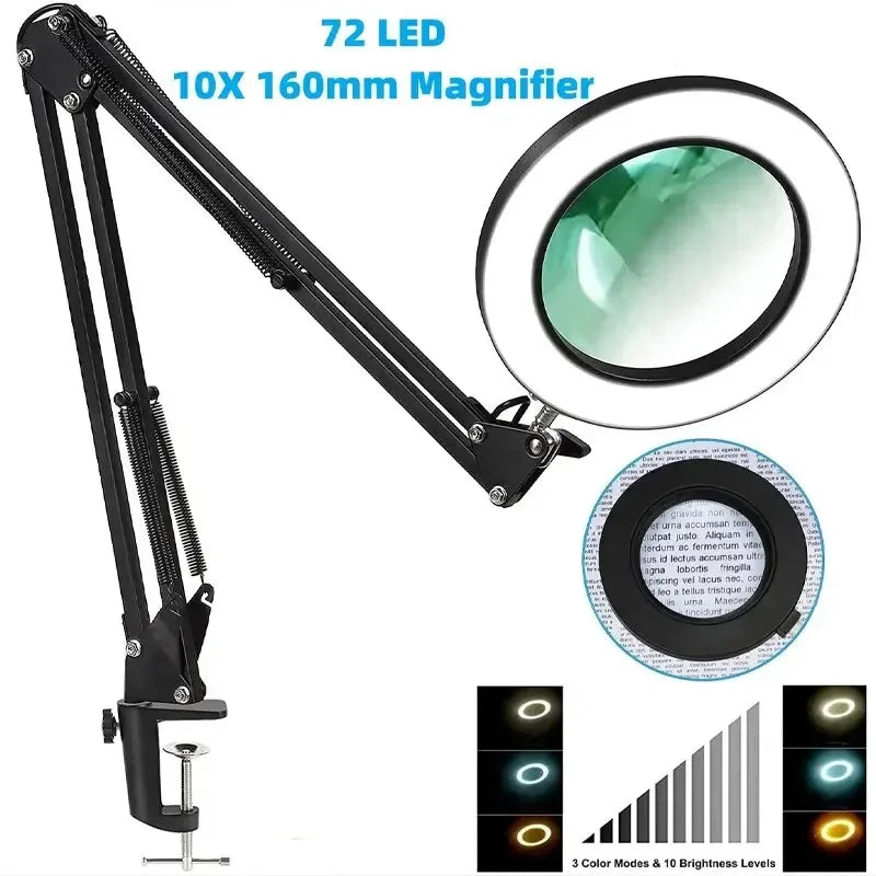 72-LED USB Magnifying Lamp 8X/10X 4.2in (106mm) Glass Lens Dimmable 3-Color LED Magnifier with Adjustable Arm & Clamp for Soldering Repair Crafts Beauty