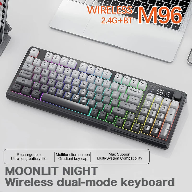 96-Key Bluetooth & 2.4G Wireless Gaming Keyboard with Smart Screen, RGB Backlight, Ergonomic PBT Keycaps — Multi-Device for PC Laptop Tablet