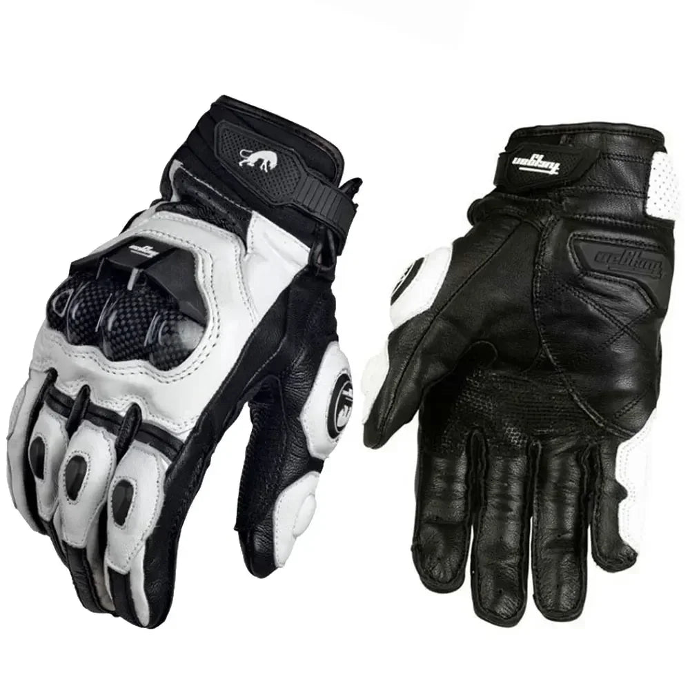 Unisex Leather Motorcycle Riding Gloves - Racing Motorbike Gloves with Protective Padding, Adjustable Strap - Black/White/Red
