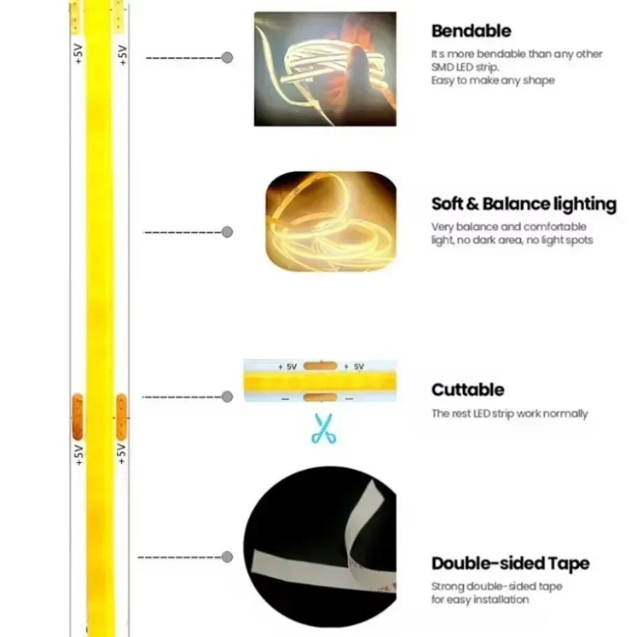 USB 5V COB LED Strip Light — 320 LEDs/m High-Density Flexible Tape, 0.5–5m (1.6–16.4ft), 3000K/4500K/6500K, CRI>90