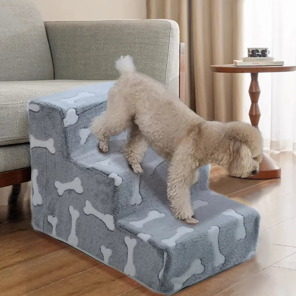 Bone-Shaped 3-Step Pet Stairs Ramp for Dogs & Cats — Soft Foam Sofa & Bed Ladder for Senior Pets