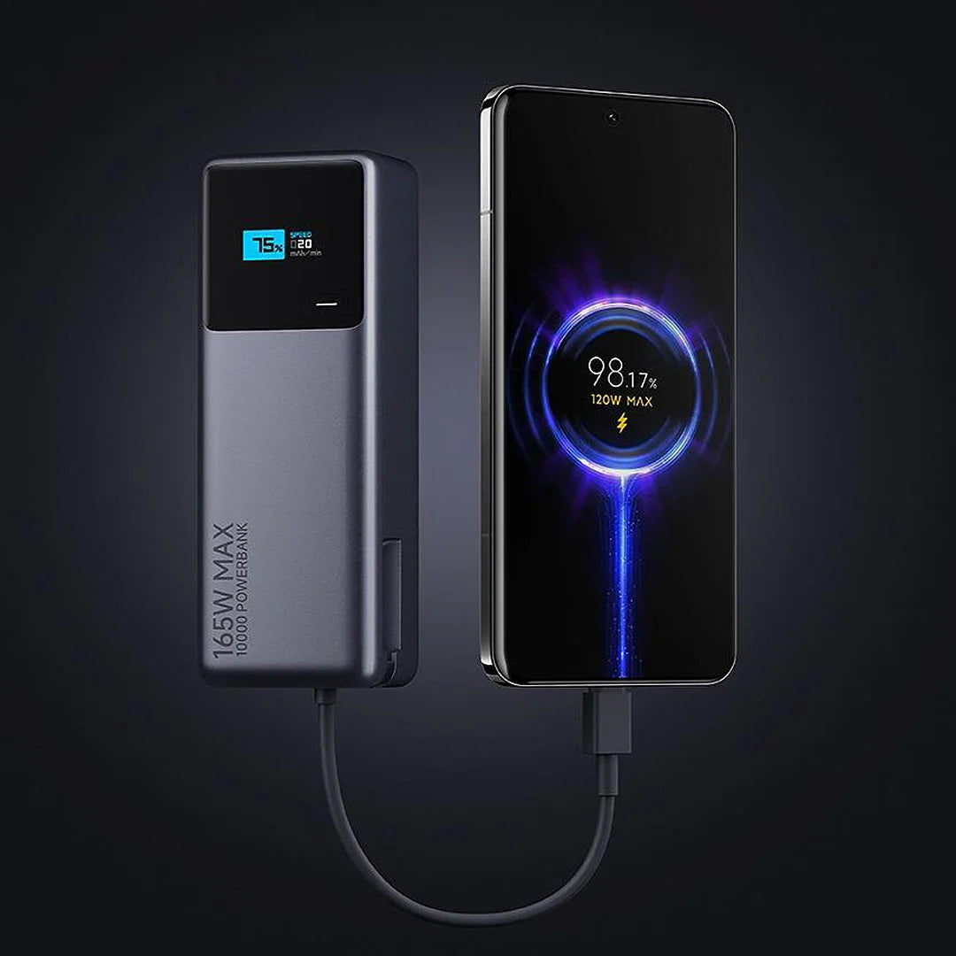 165W Portable Power Bank 10000mAh with Built-in USB-C Cable, Color Smart Display & Dual-Port Fast Charging for iPhone, Android & Laptops