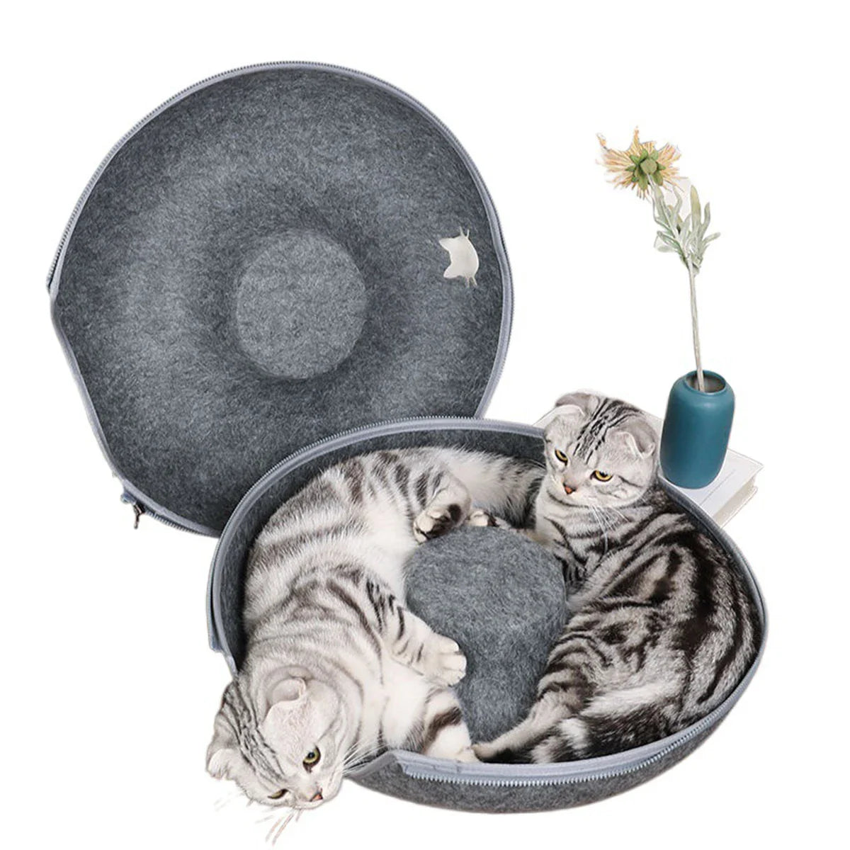 Donut Tunnel Cat Bed – Interactive Felt Cat House, Washable Zipper Design, All-Season Cozy Kitty Bed (M: 50 x 50 x 20 cm / 19.7 x 19.7 x 7.9 in; L: 60 x 60 x 28 cm / 23.6 x 23.6 x 11.0 in)