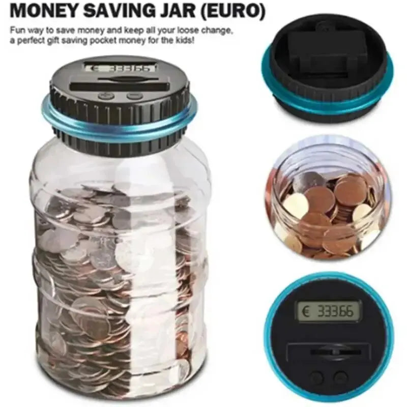 1.8L (61 fl oz) Smart Coin Counter Jar - Transparent Large Capacity Money Bank for USD, Euro, Pound Sterling