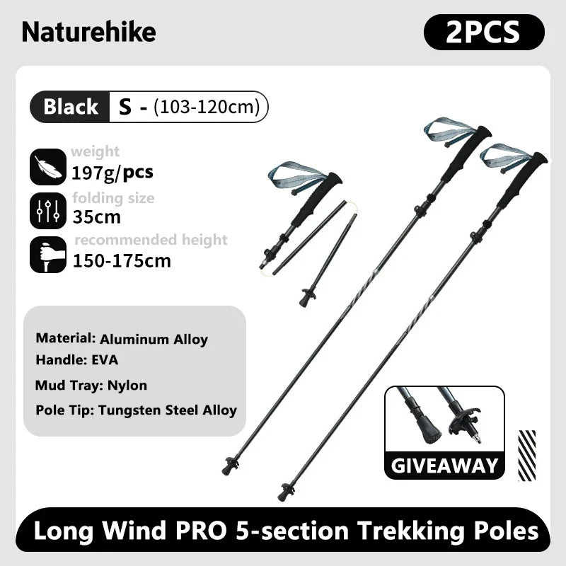 Ultralight Carbon Fiber 5-Section Folding Trekking Poles, Collapsible Quick-Lock Hiking Poles Adjustable 103–120 cm (40.6–47.2 in) or 115–135 cm (45.3–53.2 in)