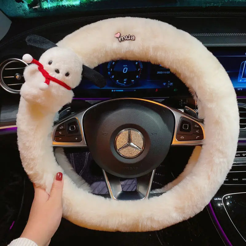 Kawaii Cute Dog Cartoon Steering Wheel Cover 15 in (38 cm) Plush Anti-Slip Warm Car Interior Accessory